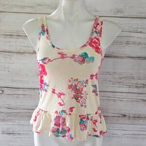 American Eagle Outfitters Cream Floral Tank Top with Ruffle Trim sz sz XS